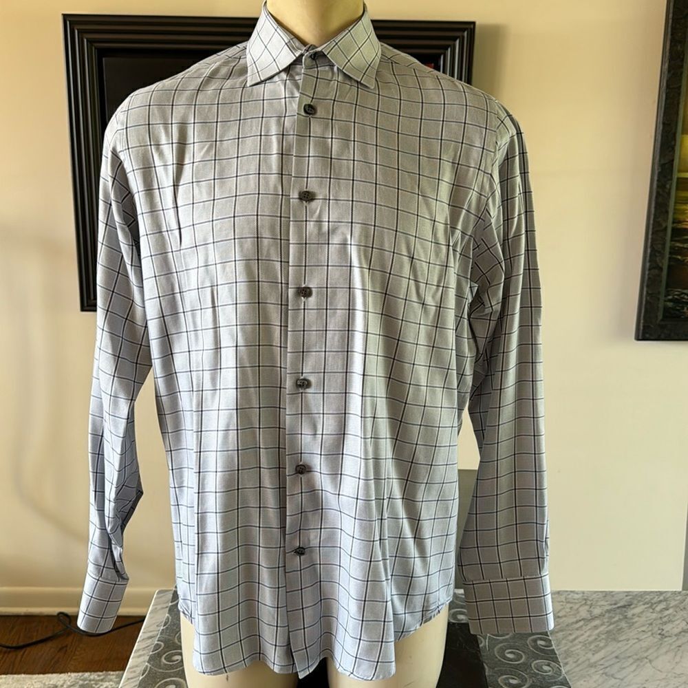 Saks Fifth Avenue blue check button down shirt. Split collar. Shirttail hem. 16L